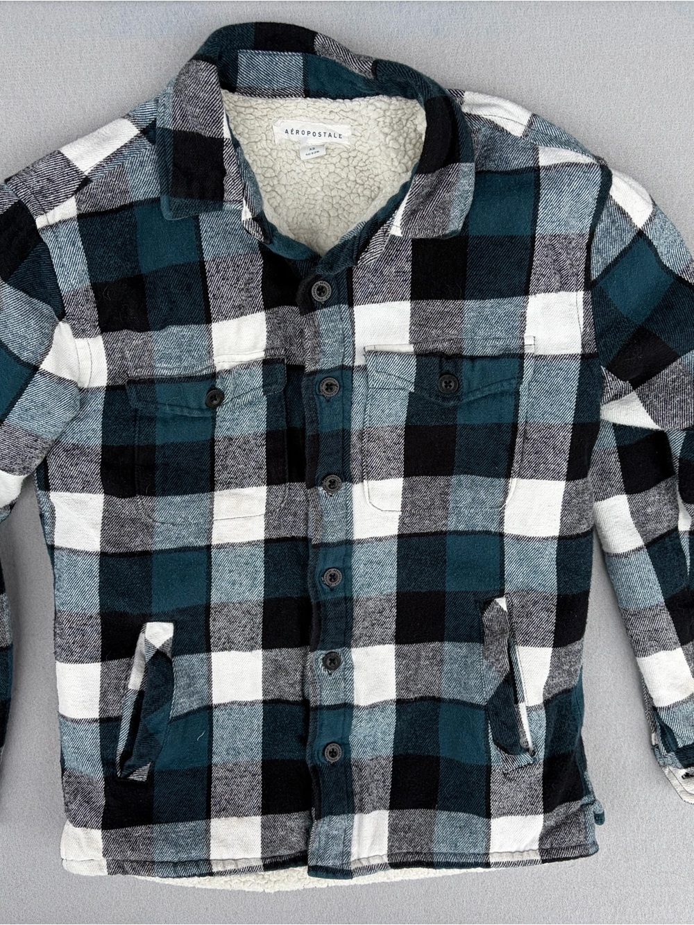 Aeropostale Teal, Black & White Plaid Sherpa Jacket